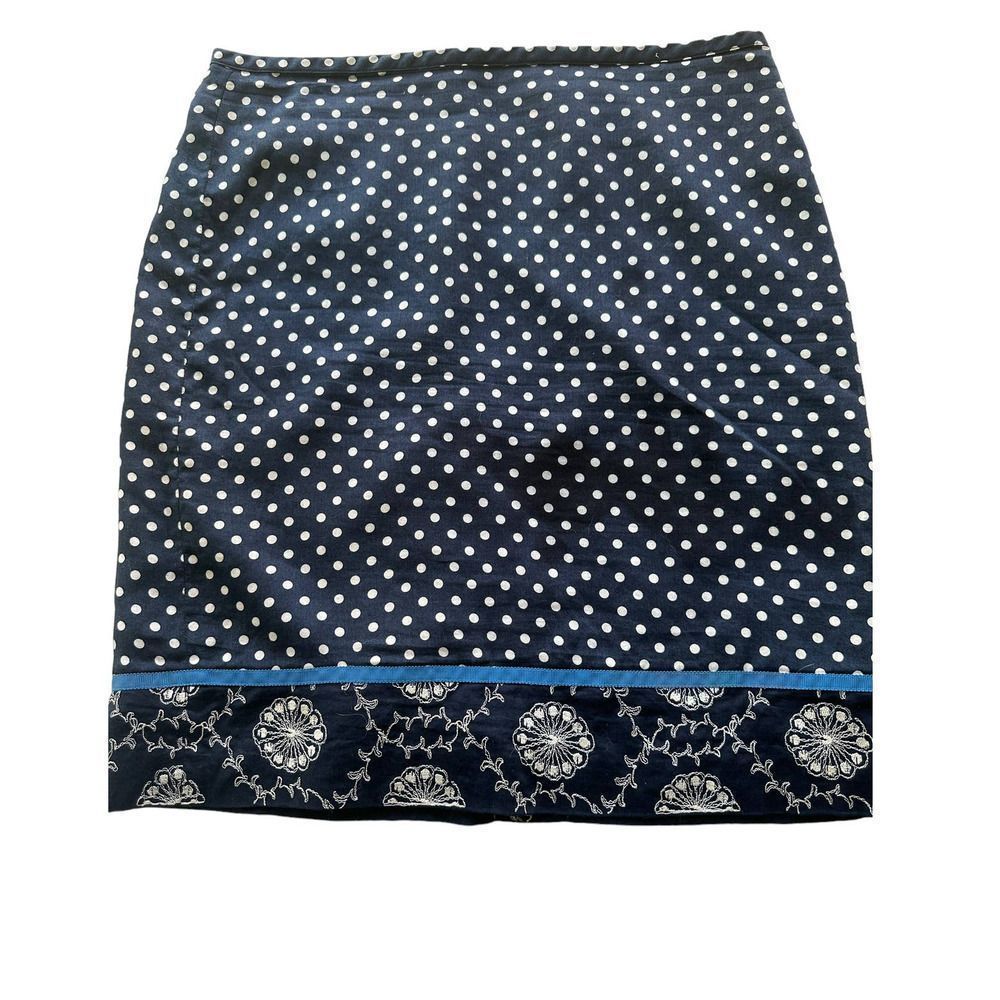 Ann Taylor LOFT Petite Navy Polka Dot Embroidered Hem Pencil Skirt‎ 6P